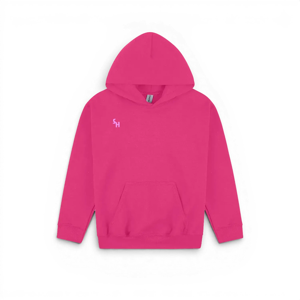 A bright pink pullover kids hoodie with a small light pink embroidered 'SH' logo on the left chest, displayed on a clean white background.