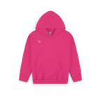 A bright pink pullover kids hoodie with a small light pink embroidered 'SH' logo on the left chest, displayed on a clean white background.