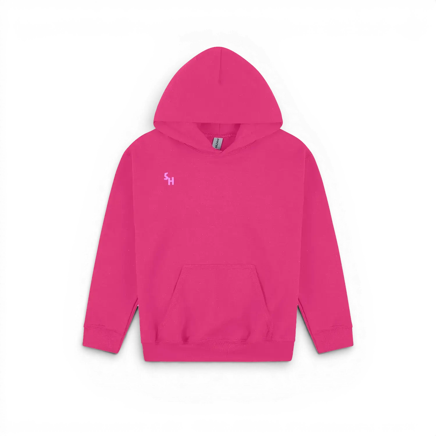 A bright pink pullover kids hoodie with a small light pink embroidered 'SH' logo on the left chest, displayed on a clean white background.