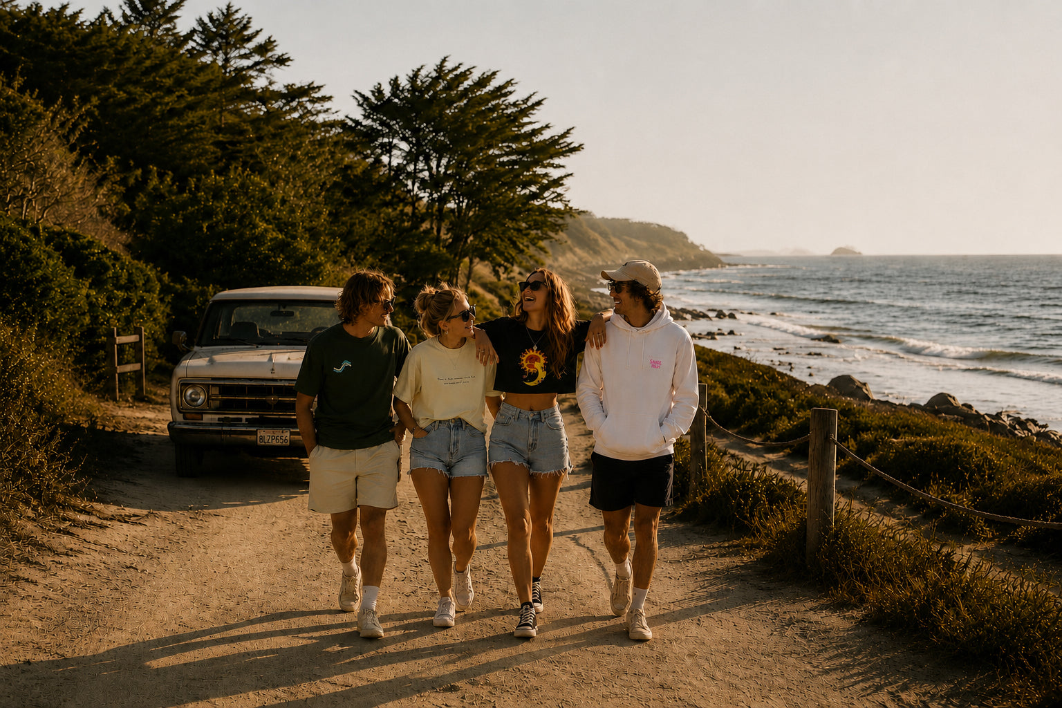 group of friends walking on a beach track wearing saige hilh apparel