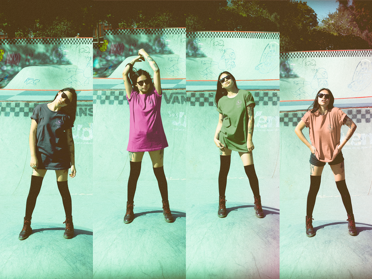 Four vertical panels show a woman posing in different oversized T-shirt dresses at a skatepark. The shirts are dark blue, magenta, sage green, and peach, paired with knee-high socks and boots.