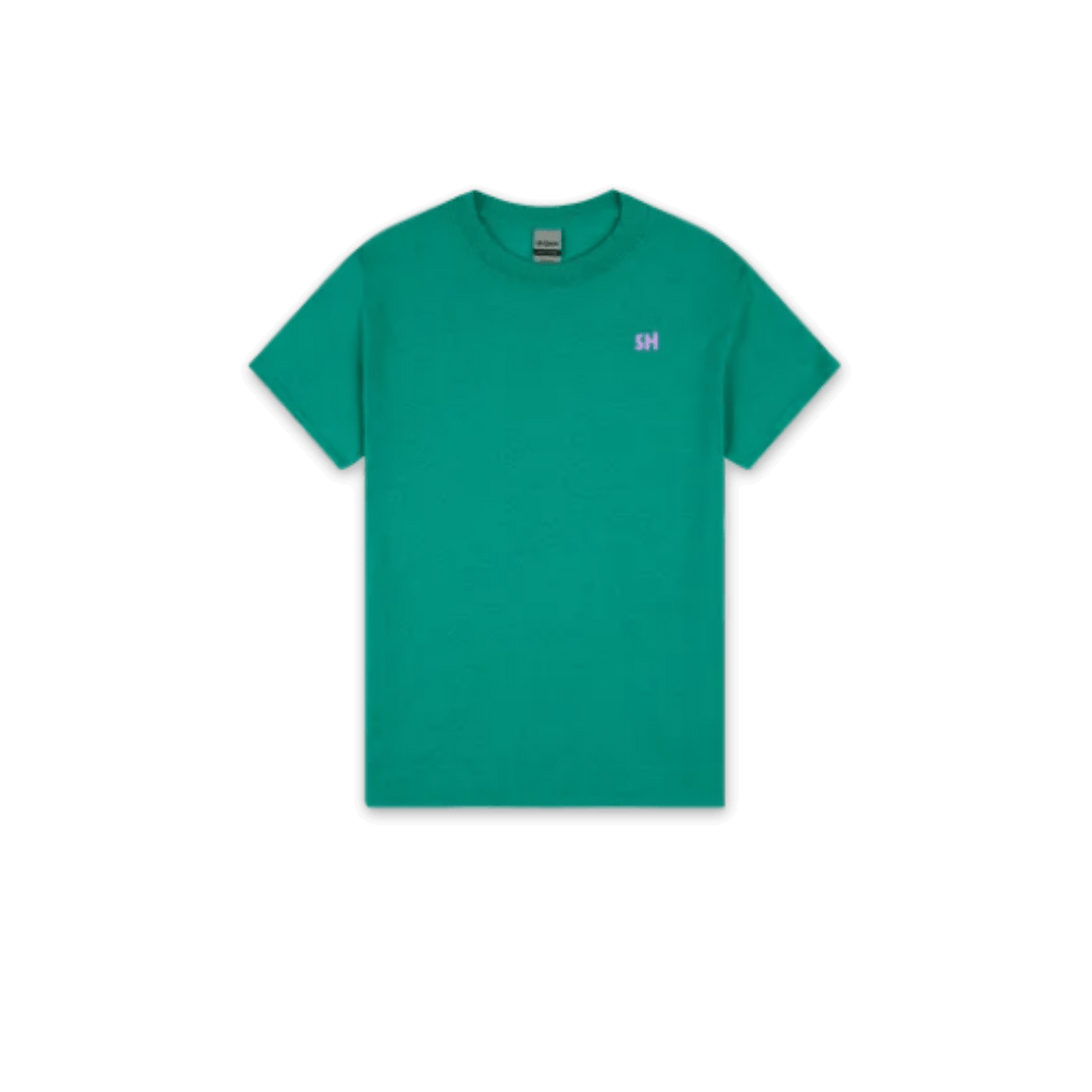 A bright green short-sleeve crewneck t-shirt with a small white 'SH' logo on the left chest, displayed flat against a solid white background.