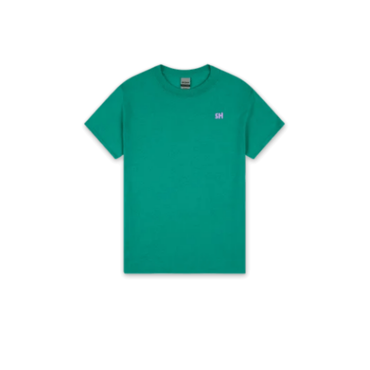 A bright green short-sleeve crewneck t-shirt with a small white 'SH' logo on the left chest, displayed flat against a solid white background.