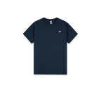 A dark navy blue short-sleeve crewneck t-shirt with a small pink 'SH' logo on the left chest, displayed flat against a solid white background.