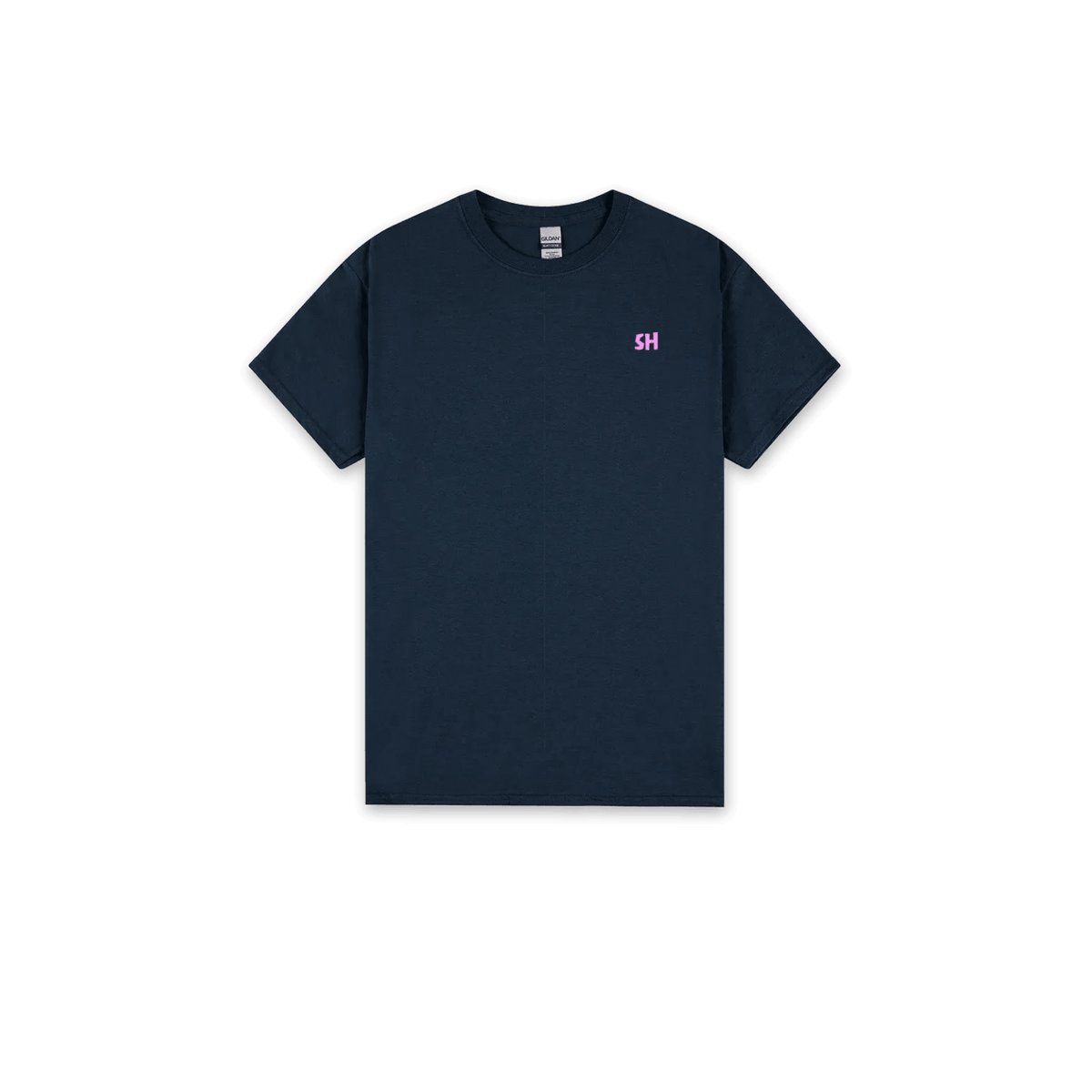 A dark navy blue short-sleeve crewneck t-shirt with a small pink 'SH' logo on the left chest, displayed flat against a solid white background.