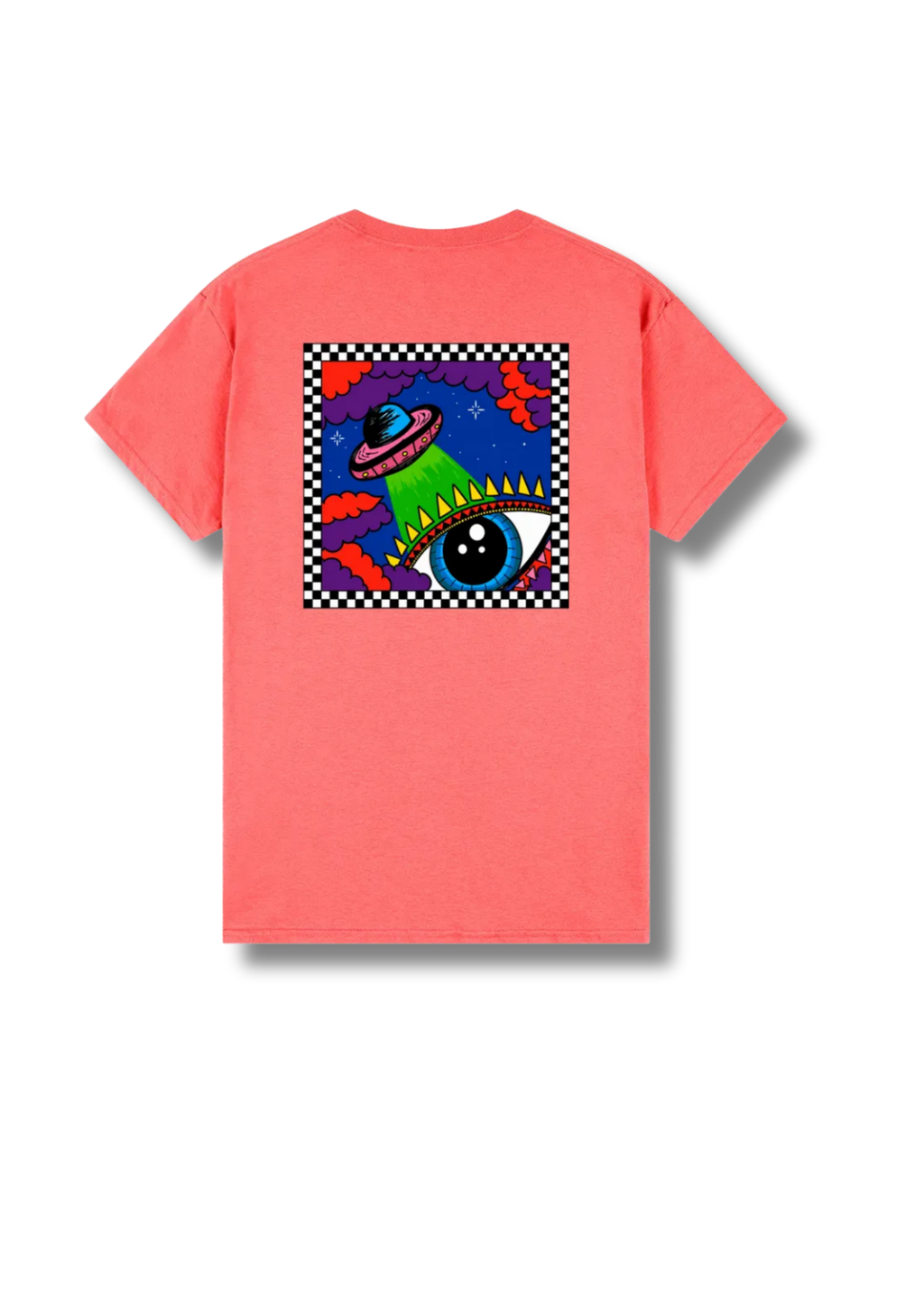 A coral pink short-sleeve t-shirt shown from the back, featuring a large square graphic print with a psychedelic alien eye, UFO, and space theme.
