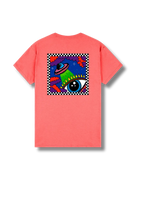 A coral pink short-sleeve t-shirt shown from the back, featuring a large square graphic print with a psychedelic alien eye, UFO, and space theme.