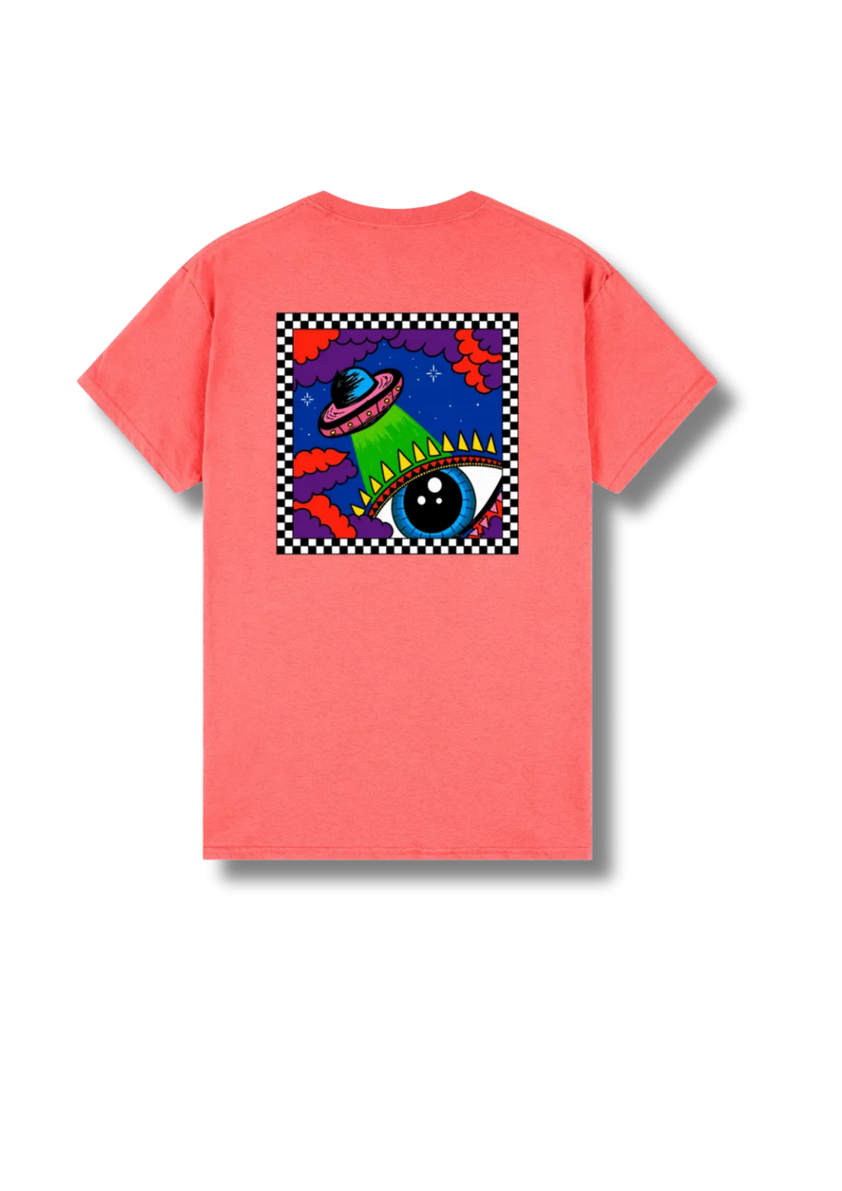 A coral pink short-sleeve t-shirt shown from the back, featuring a large square graphic print with a psychedelic alien eye, UFO, and space theme.