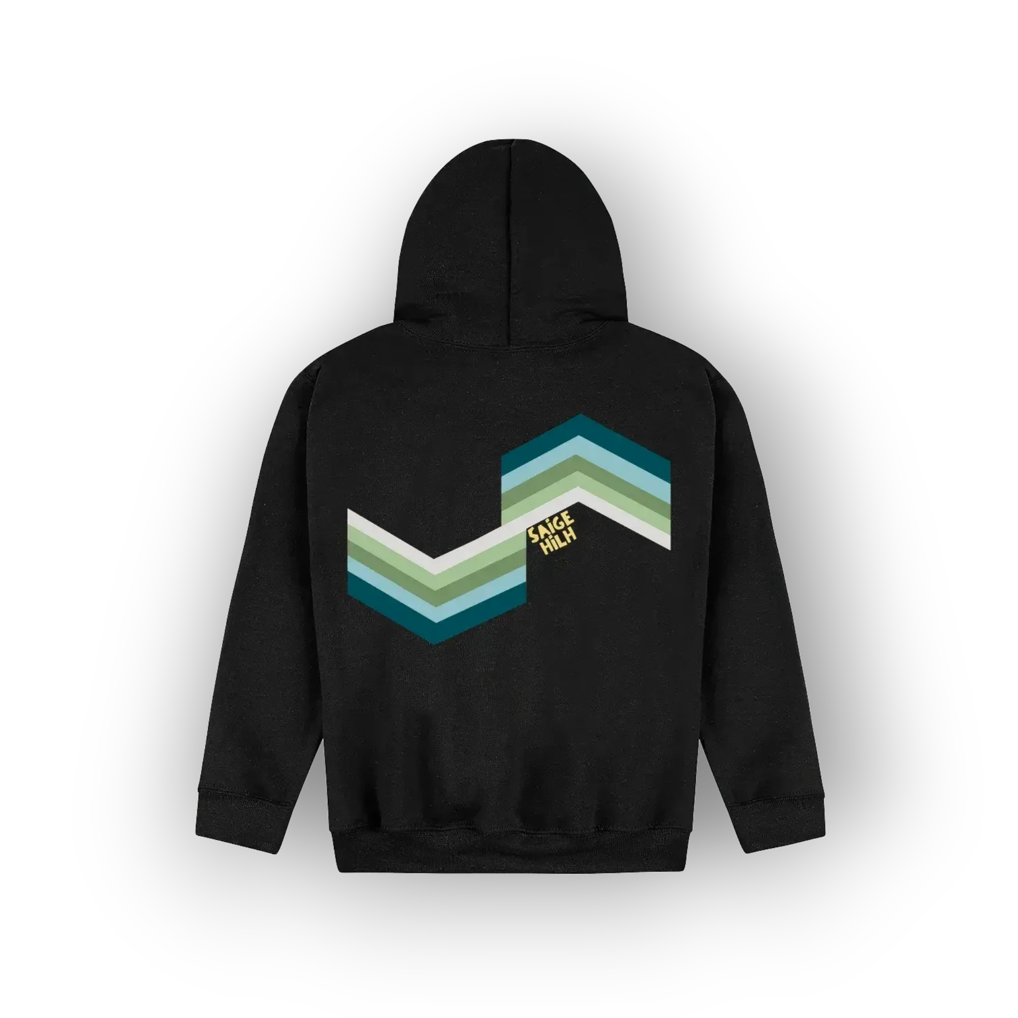 A black pullover hoodie shown from the back, featuring an original artist designed chevron graphic in shades of green, teal, and blue, with a small yellow 'SAIGE HILH' text parallel to white line.