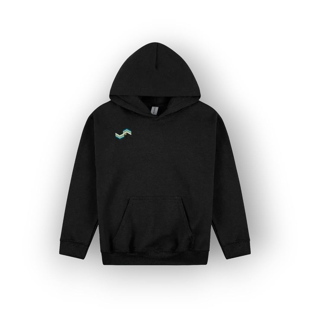 A black pullover hoodie with a small original artist design graphic on the left of the chest matching the chevron teal, white and blue print on the back of the hoodie. 