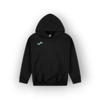 A black pullover hoodie with a small original artist design graphic on the left of the chest matching the chevron teal, white and blue print on the back of the hoodie. 