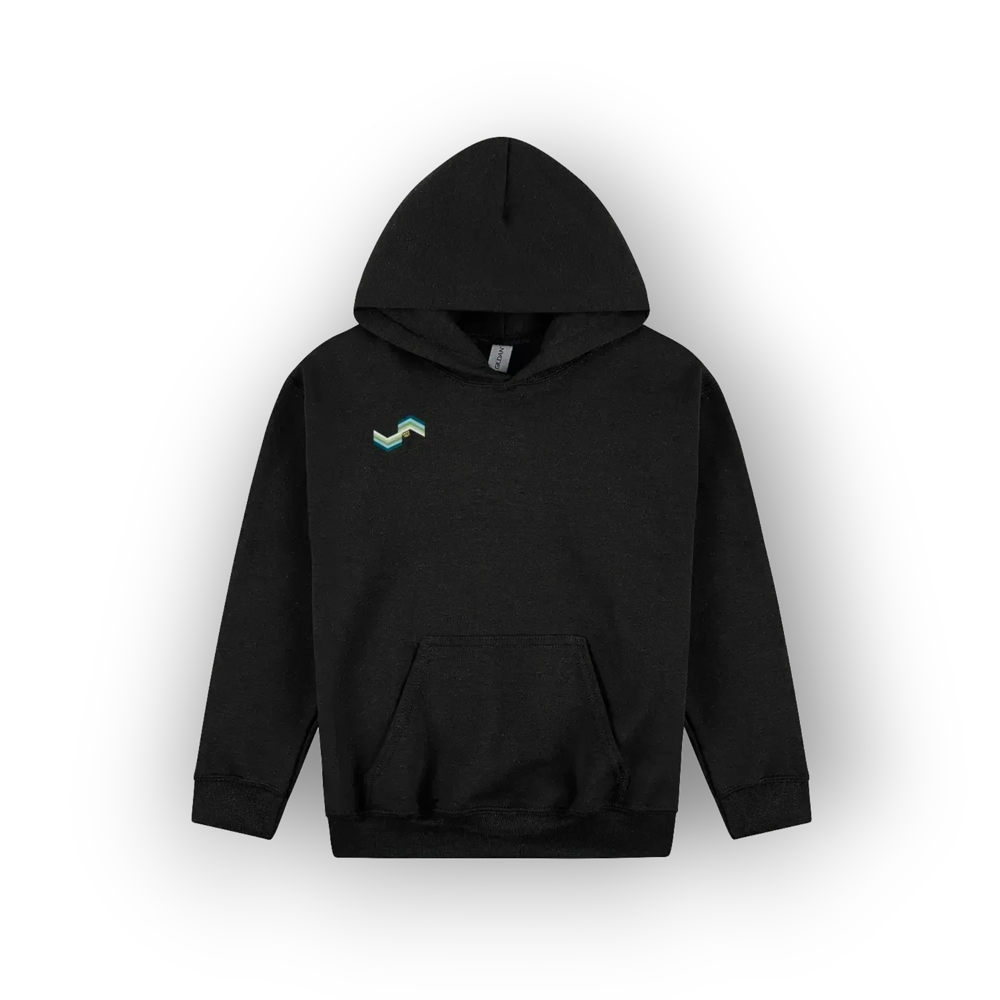 A black pullover hoodie with a small original artist design graphic on the left of the chest matching the chevron teal, white and blue print on the back of the hoodie. 