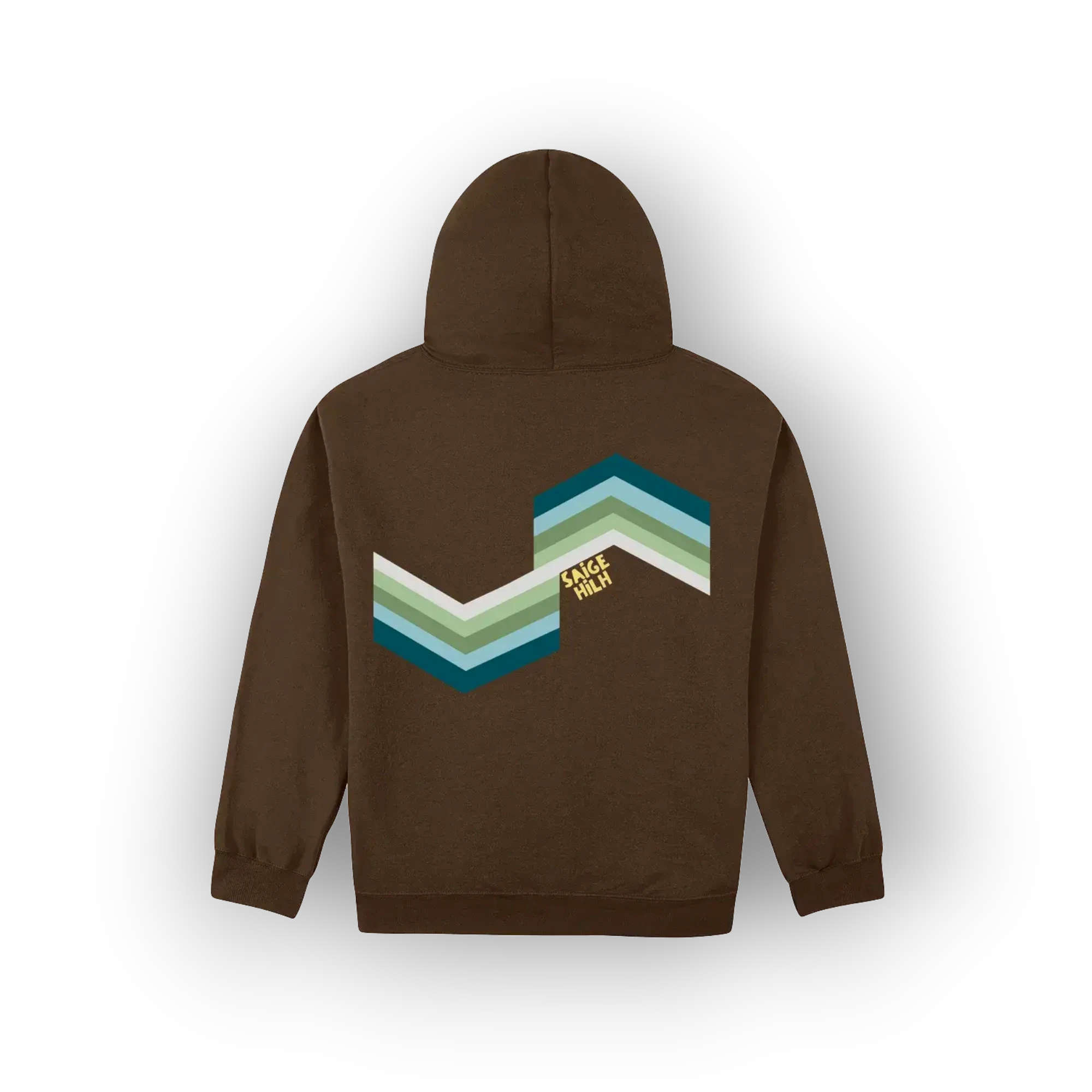 A brown pullover hoodie shown from the back, featuring an original artist designed retro chevron graphic in shades of teal, green, and white, with the text 'SAIGE HILH' printed in yellow.