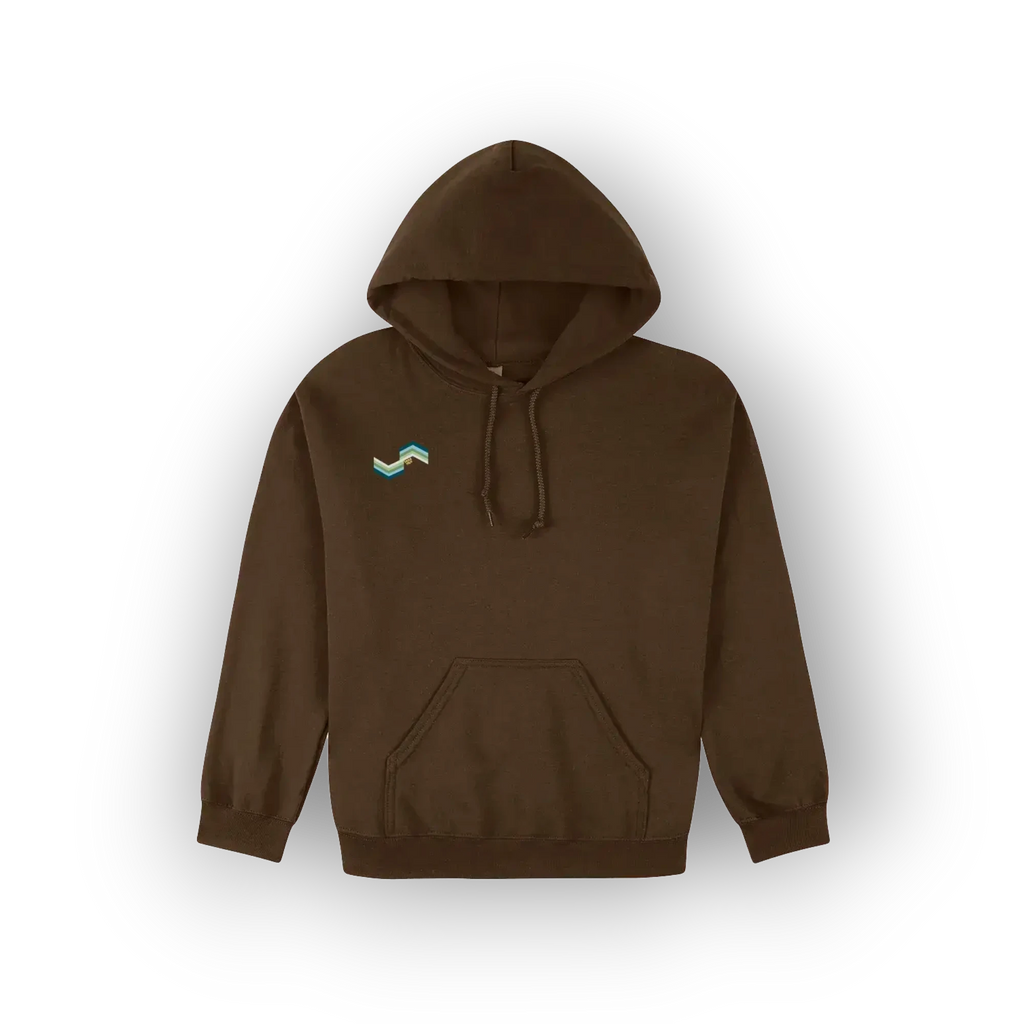 A dark brown pullover hoodie with a small embroidered wave logo on the left chest in teal and light green and white