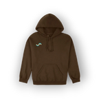 A dark brown pullover hoodie with a small embroidered wave logo on the left chest in teal and light green and white