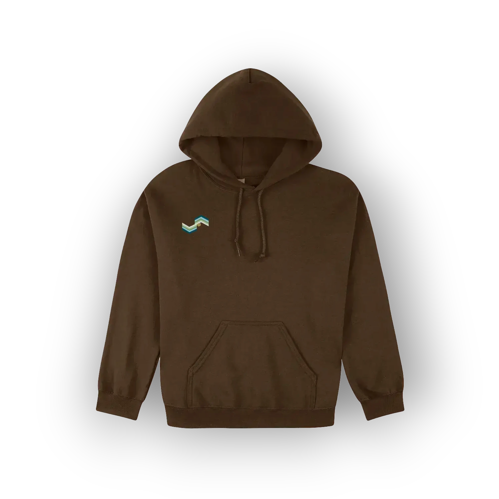 A dark brown pullover hoodie with a small embroidered wave logo on the left chest in teal and light green and white