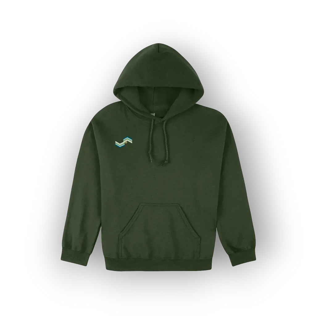 An olive green pullover hoodie with a small teal and white wave graphic on the left chest, displayed against a forest green hoodie