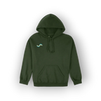 An olive green pullover hoodie with a small teal and white wave graphic on the left chest, displayed against a forest green hoodie