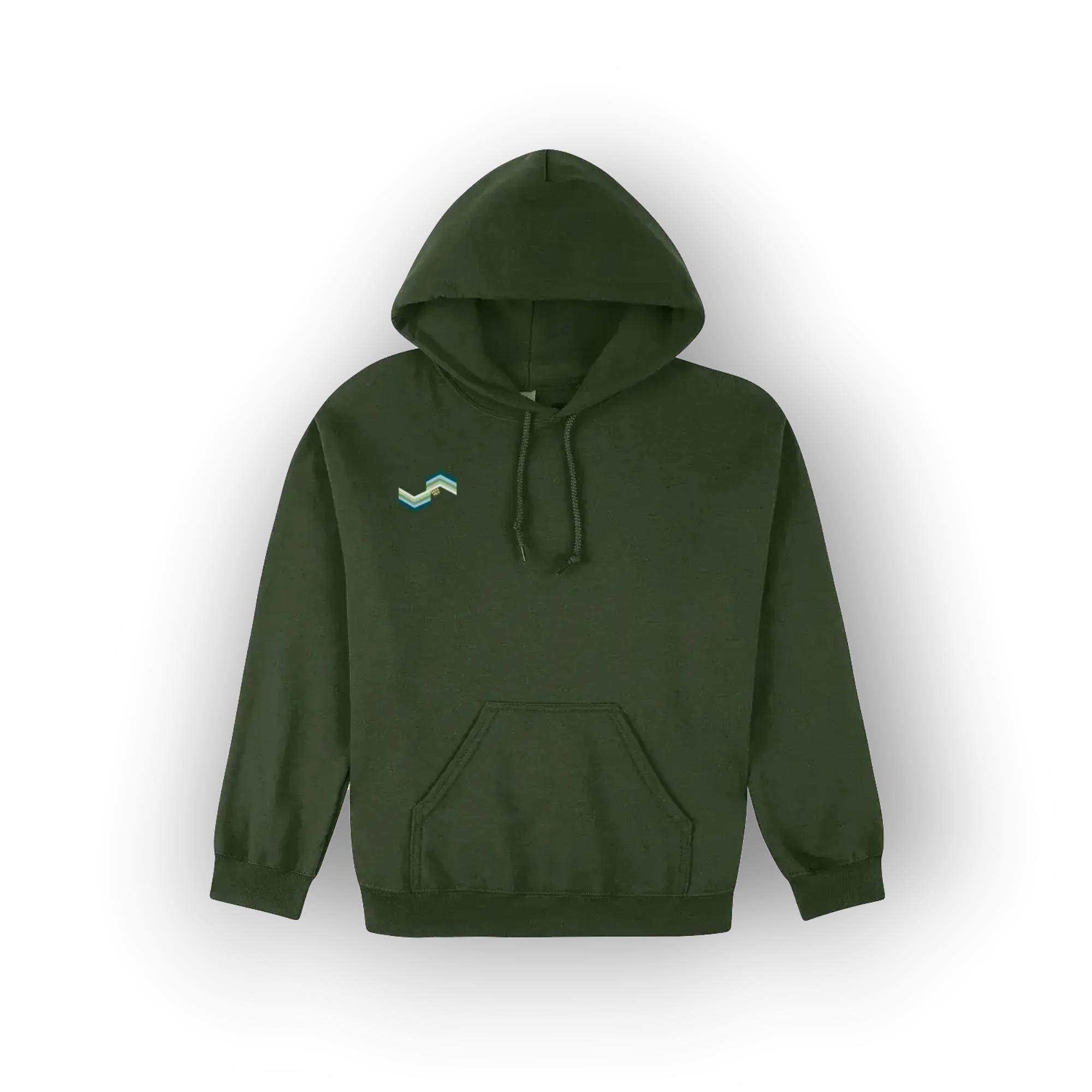 An olive green pullover hoodie with a small teal and white wave graphic on the left chest, displayed against a forest green hoodie
