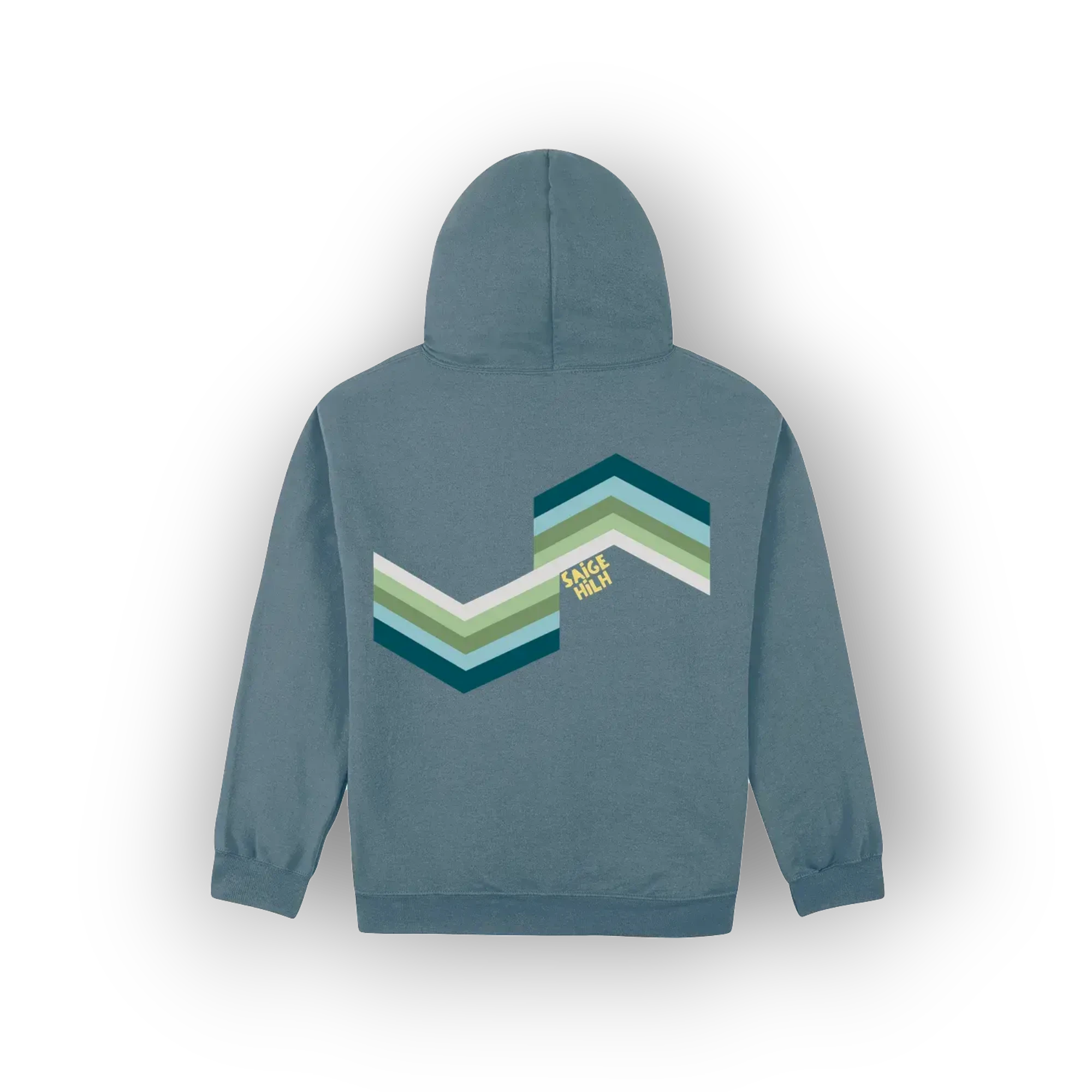 A slate blue hoodie shown from the back, featuring an original artist designed large chevron graphic in shades of teal, green, and white with the text 'SAIGE HILH' printed in yellow.