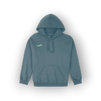 A slate blue pullover hoodie with a small green and white chevron logo on the left chest.