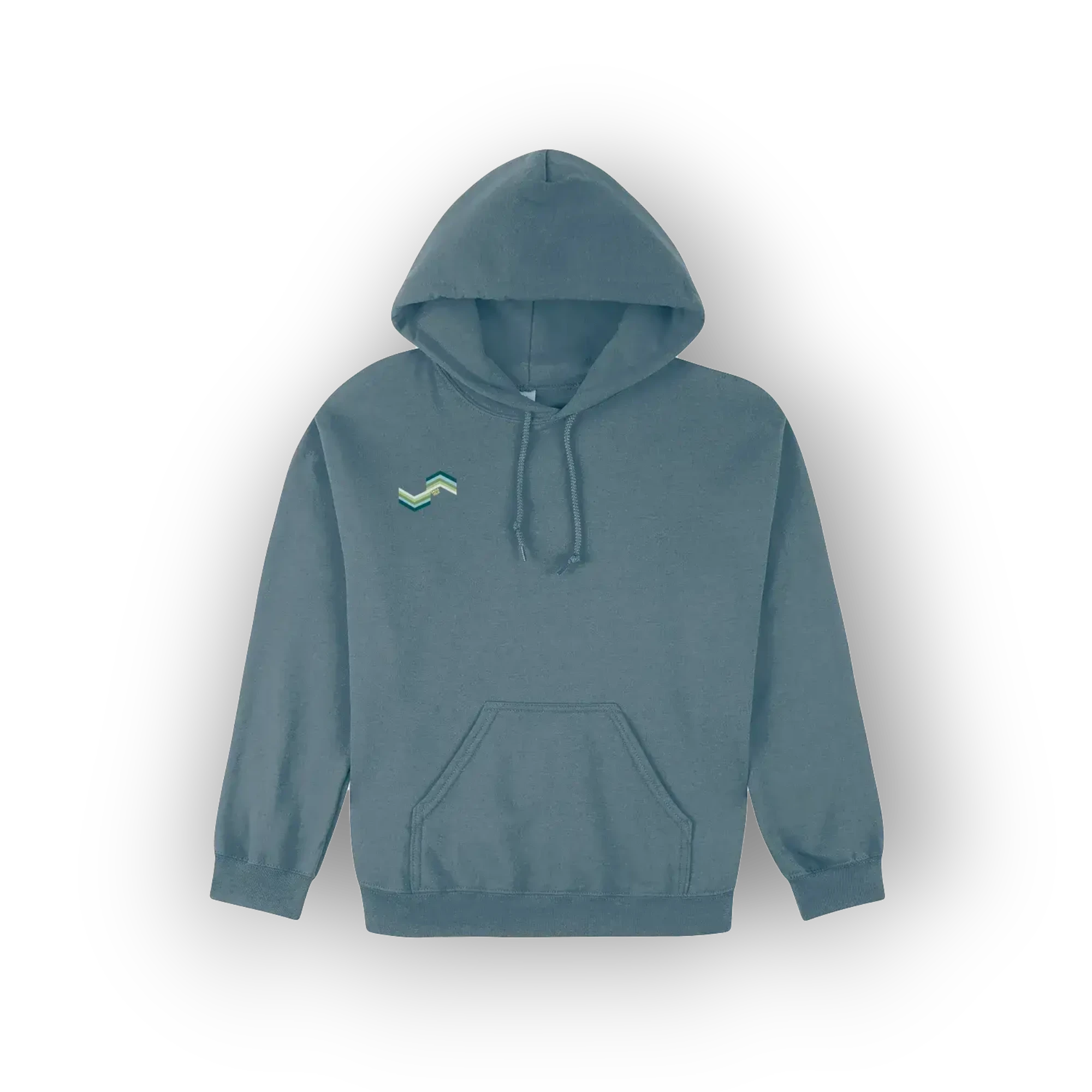 A slate blue pullover hoodie with a small green and white chevron logo on the left chest.