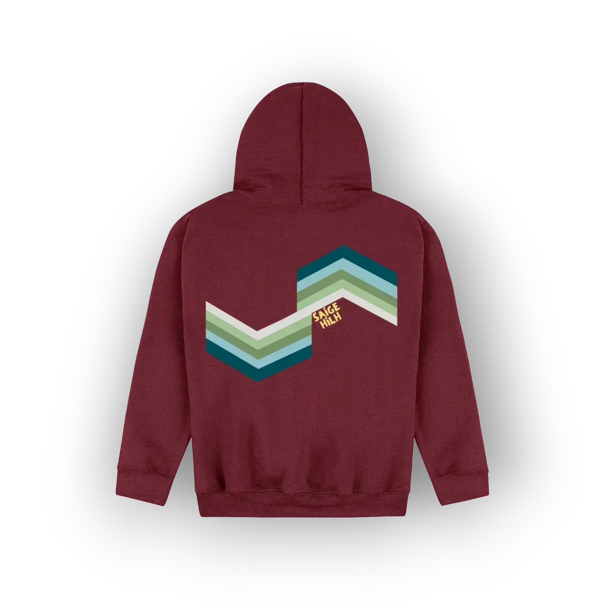 A maroon hoodie shown from the back, featuring an original artist designed retro chevron graphic in shades of teal, green, and beige, with a small yellow 'SAIGE HILH' text logo.