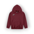 A maroon pullover hoodie with a small copy of the original artist design chevron print from the back of the hoodie.