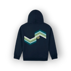 A navy blue hoodie shown from the back, featuring an original artist designed large chevron graphic in shades of teal, green, and white, with a small yellow 'SAIGE HILH' text overlay.