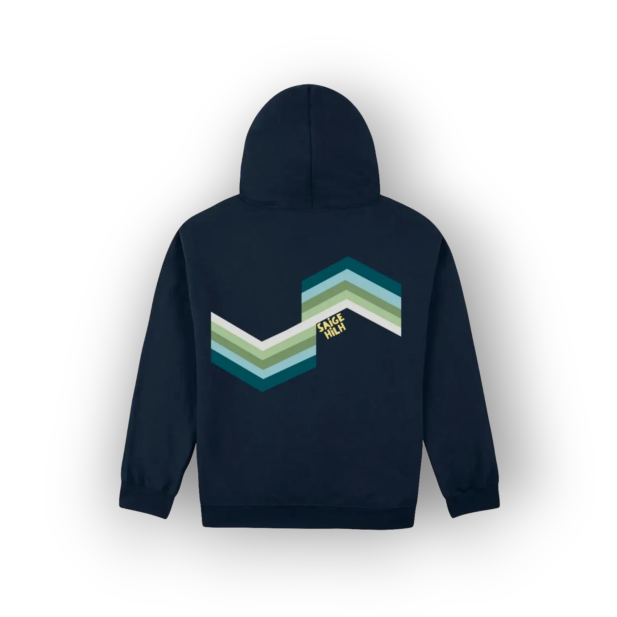 A navy blue hoodie shown from the back, featuring an original artist designed large chevron graphic in shades of teal, green, and white, with a small yellow 'SAIGE HILH' text overlay.