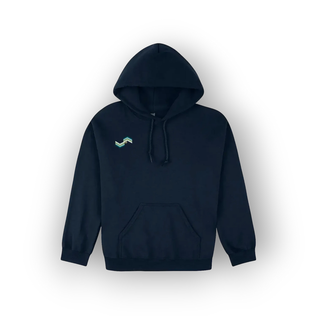 A dark navy blue pullover hoodie with a small green and white graphic logo on the left chest.