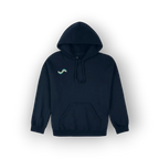 A dark navy blue pullover hoodie with a small green and white graphic logo on the left chest.