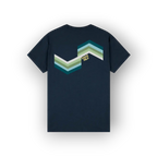 A navy blue short-sleeve t-shirt shown from the back, featuring a retro chevron graphic in shades of teal, green, and white, with a small yellow 'SAIGE HILH' logo.