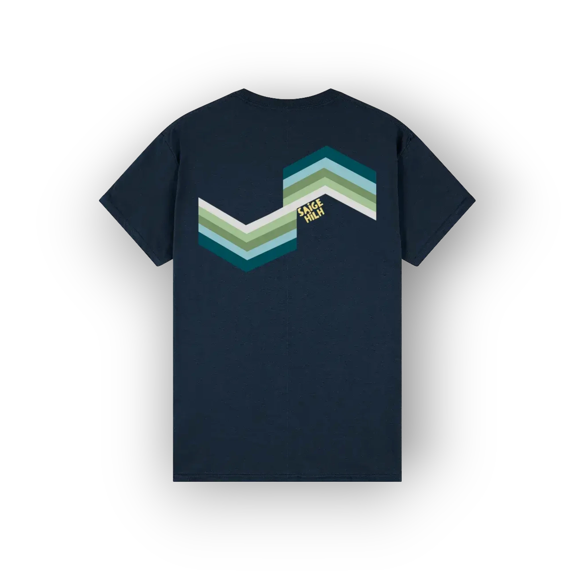 A navy blue short-sleeve t-shirt shown from the back, featuring a retro chevron graphic in shades of teal, green, and white, with a small yellow 'SAIGE HILH' logo.