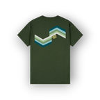 An olive green short-sleeve t-shirt shown from the back, featuring a retro chevron graphic in shades of teal, blue, green, and white, with a small yellow 'SAIGE HILH' logo.