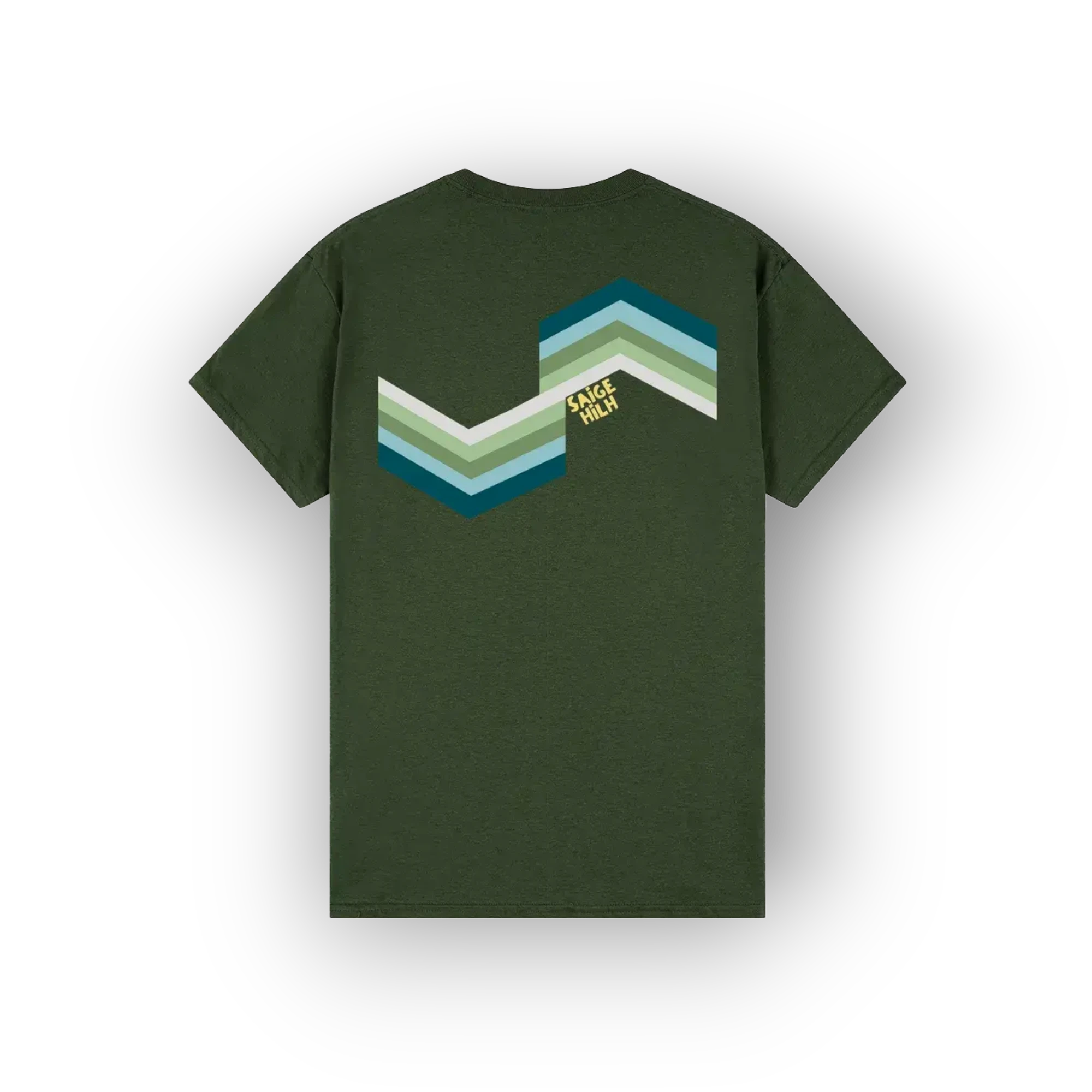 An olive green short-sleeve t-shirt shown from the back, featuring a retro chevron graphic in shades of teal, blue, green, and white, with a small yellow 'SAIGE HILH' logo.
