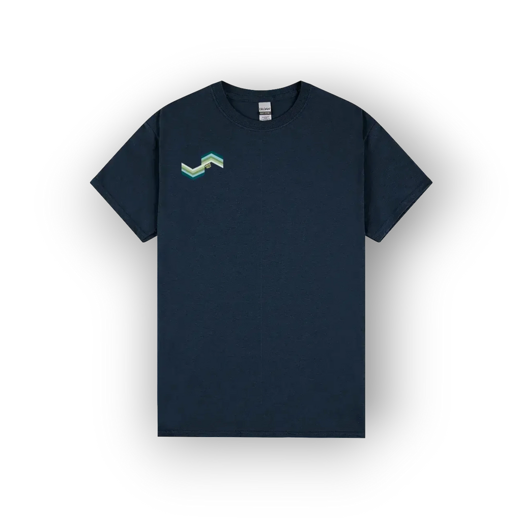 A dark navy blue short-sleeve crewneck t-shirt with a small geometric green and light blue logo on the left chest, displayed against a clean white background.