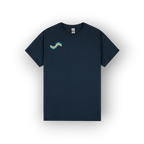 A dark navy blue short-sleeve crewneck t-shirt with a small geometric green and light blue logo on the left chest, displayed against a clean white background.