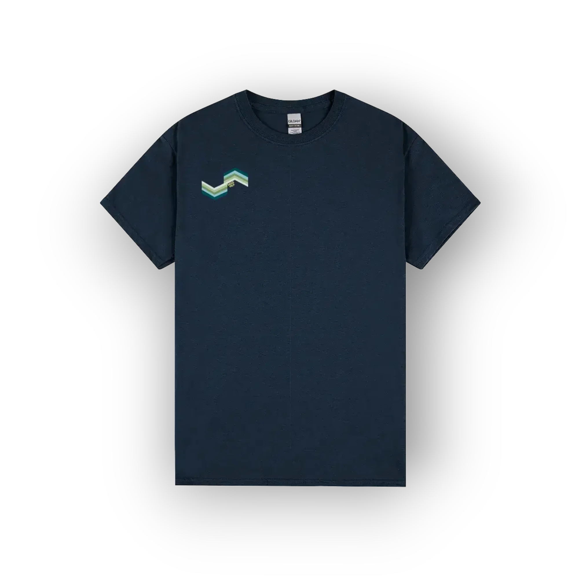 A dark navy blue short-sleeve crewneck t-shirt with a small geometric green and light blue logo on the left chest, displayed against a clean white background.