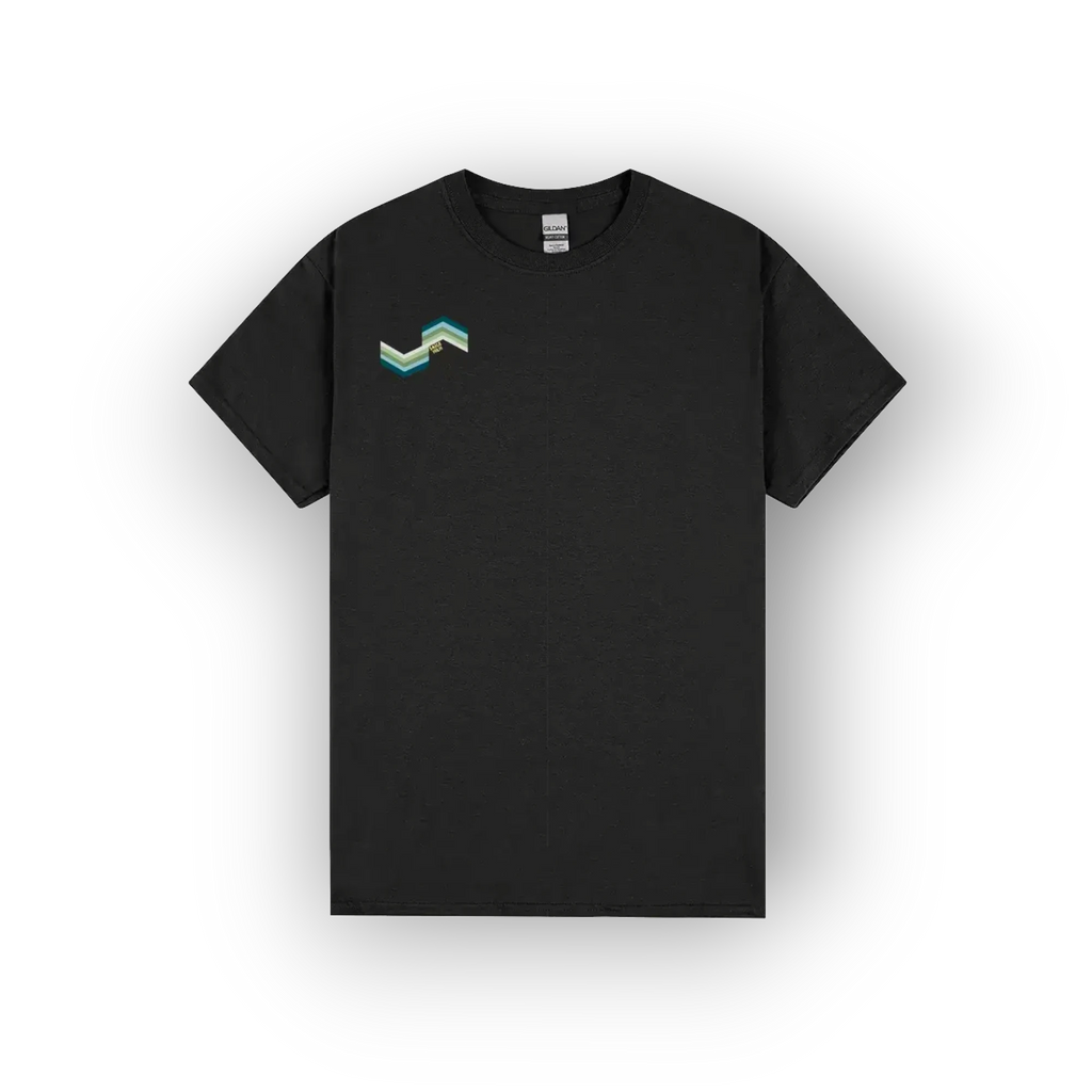 A black short-sleeve crewneck t-shirt with a small geometric mountain logo on the left chest in shades of teal, green, and beige, displayed on a clean white background.