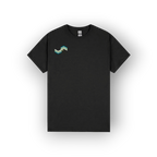 A black short-sleeve crewneck t-shirt with a small geometric mountain logo on the left chest in shades of teal, green, and beige, displayed on a clean white background.