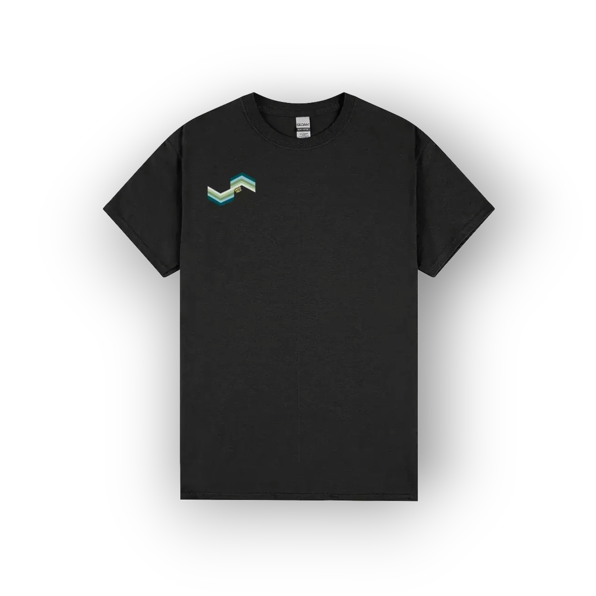 A black short-sleeve crewneck t-shirt with a small geometric mountain logo on the left chest in shades of teal, green, and beige, displayed on a clean white background.