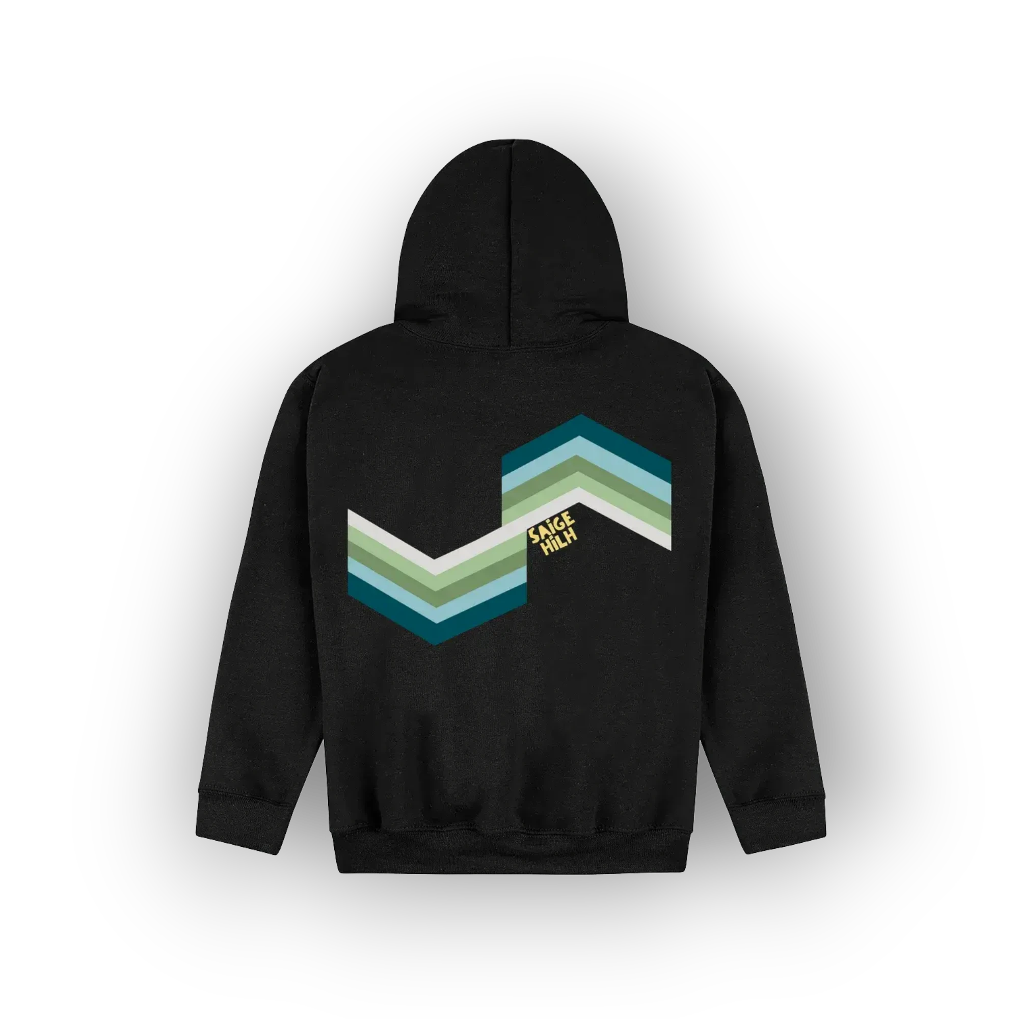 A black pullover hoodie shown from the back, featuring a large chevron graphic in shades of green, teal, and blue, with a small yellow 'SAIGE HILH' text overlay, on a white background.