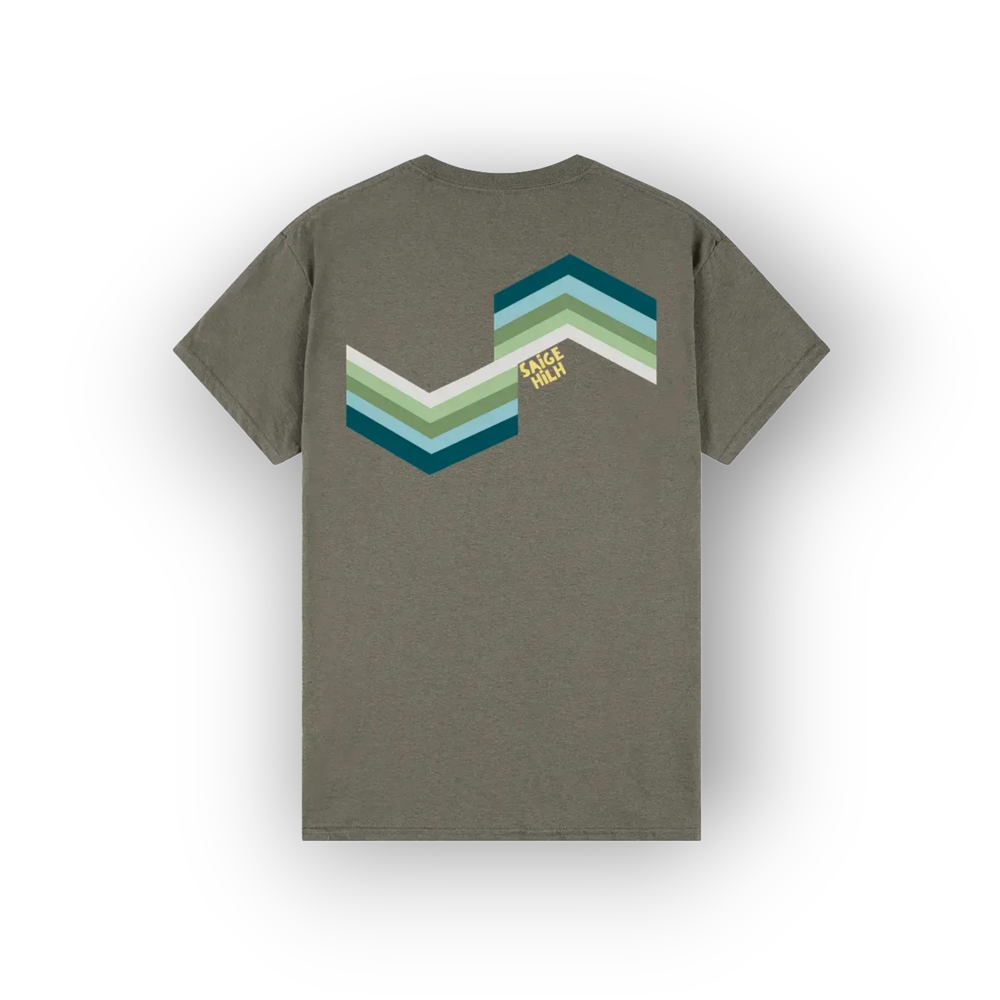 An olive green short-sleeve t-shirt shown from the back, featuring a large chevron graphic in shades of teal, blue, green, and white, with a small yellow 'SAIGE HILH' logo.