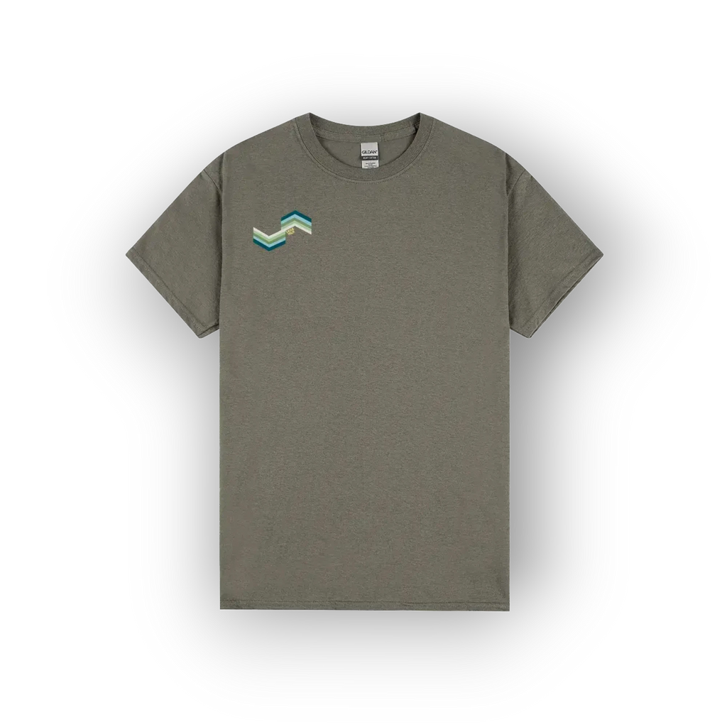 An olive green crewneck t-shirt with a small geometric mountain logo on the left chest in shades of teal, green, and beige, displayed on a clean white background.