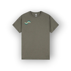 An olive green crewneck t-shirt with a small geometric mountain logo on the left chest in shades of teal, green, and beige, displayed on a clean white background.
