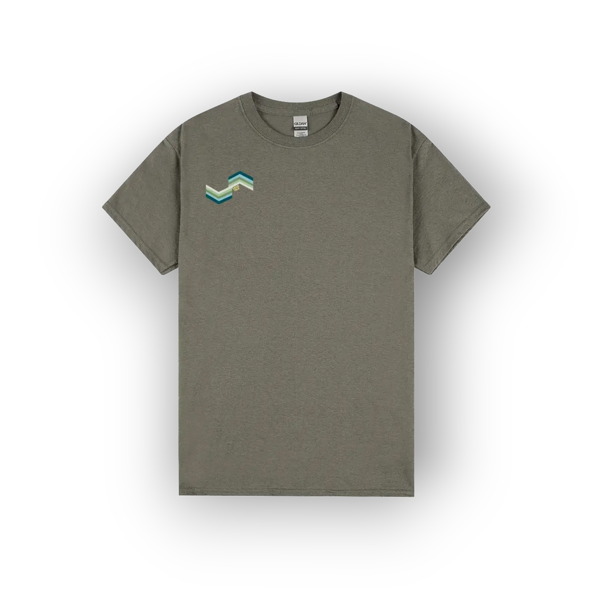 An olive green crewneck t-shirt with a small geometric mountain logo on the left chest in shades of teal, green, and beige, displayed on a clean white background.