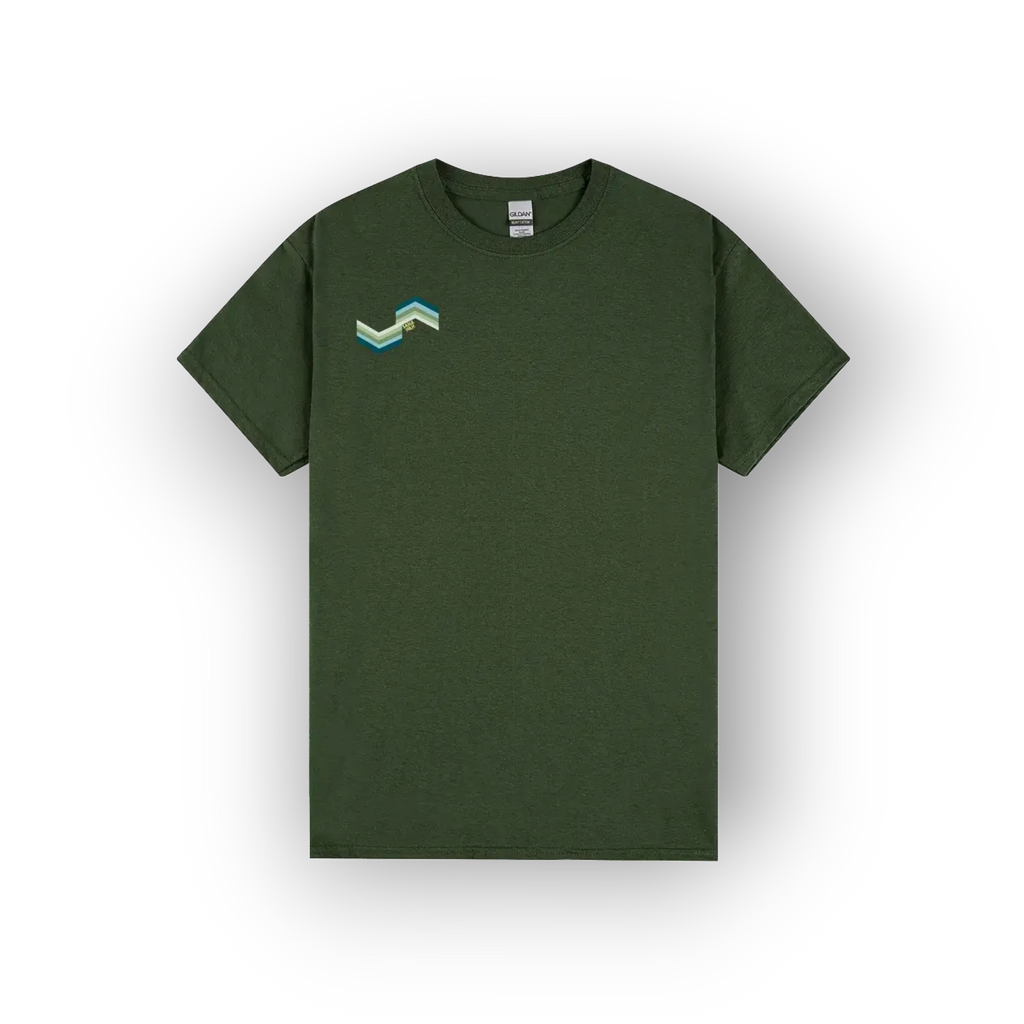An olive green short-sleeve crewneck t-shirt with a small geometric mountain logo on the left chest, displayed on a clean white background.