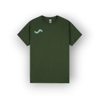 An olive green short-sleeve crewneck t-shirt with a small geometric mountain logo on the left chest, displayed on a clean white background.