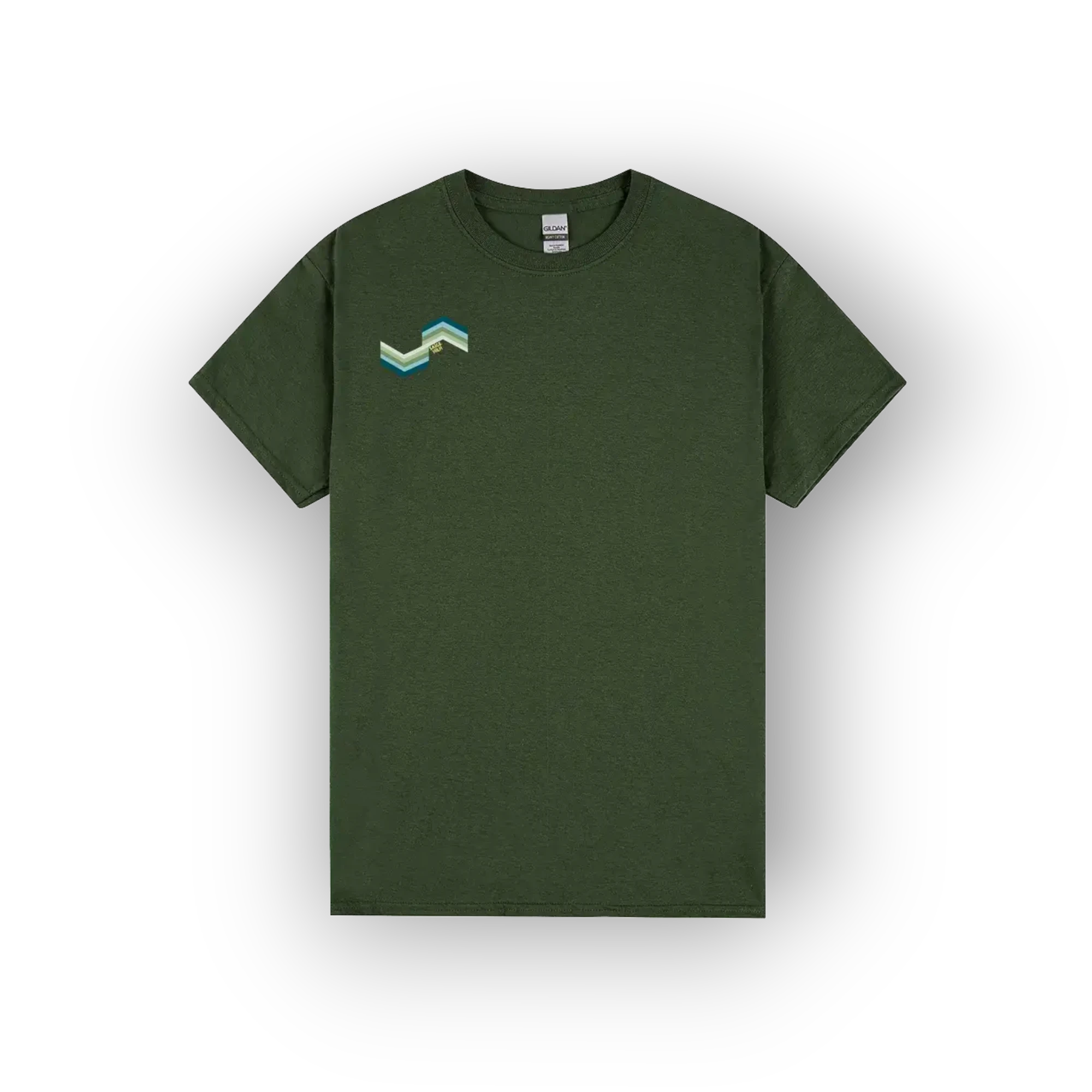 An olive green short-sleeve crewneck t-shirt with a small geometric mountain logo on the left chest, displayed on a clean white background.